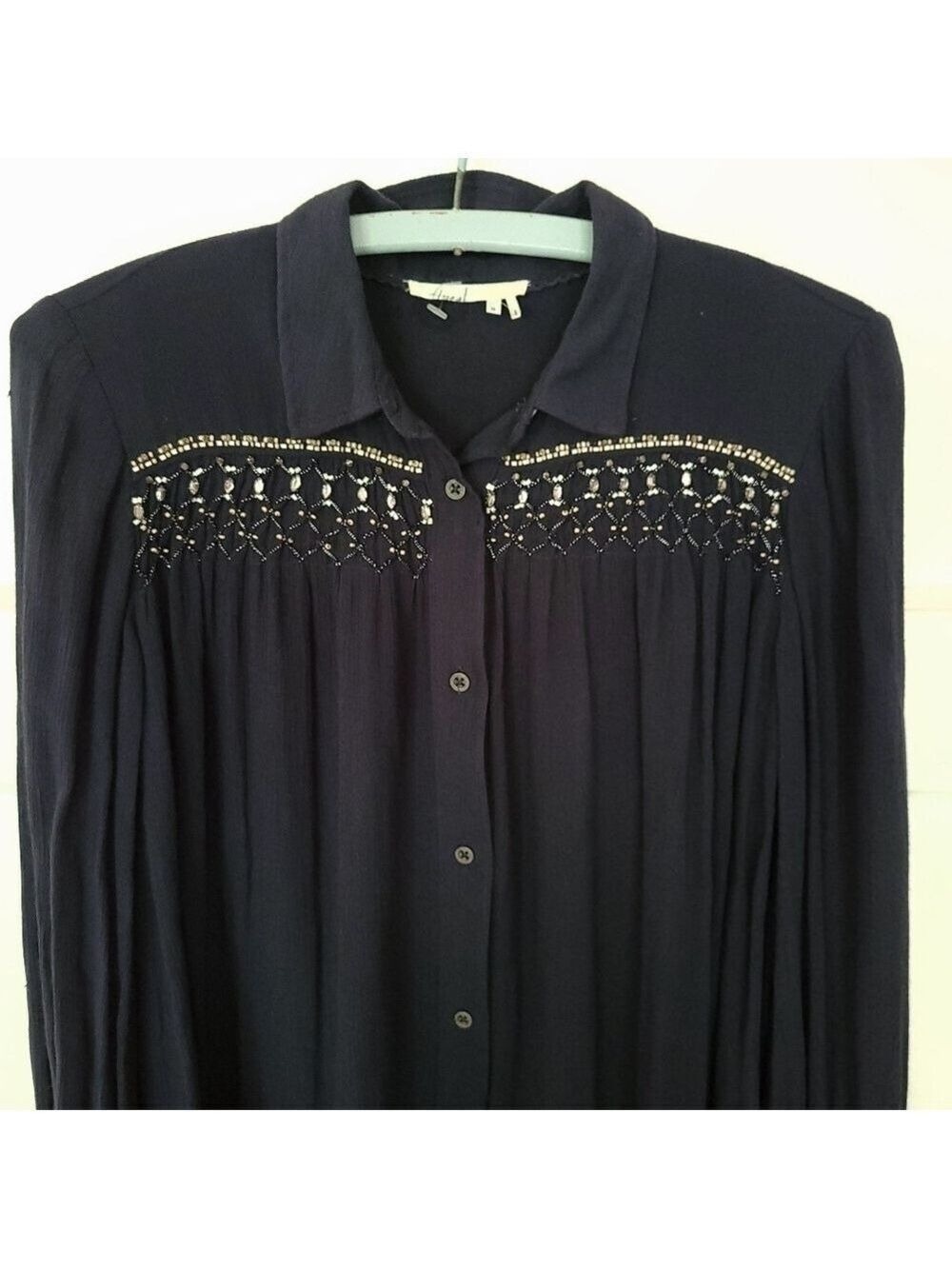 Anthropologie Floreat Beulah Beaded Buttton Up Pleat Front Long Sleeve Blouse - Picture 5 of 16